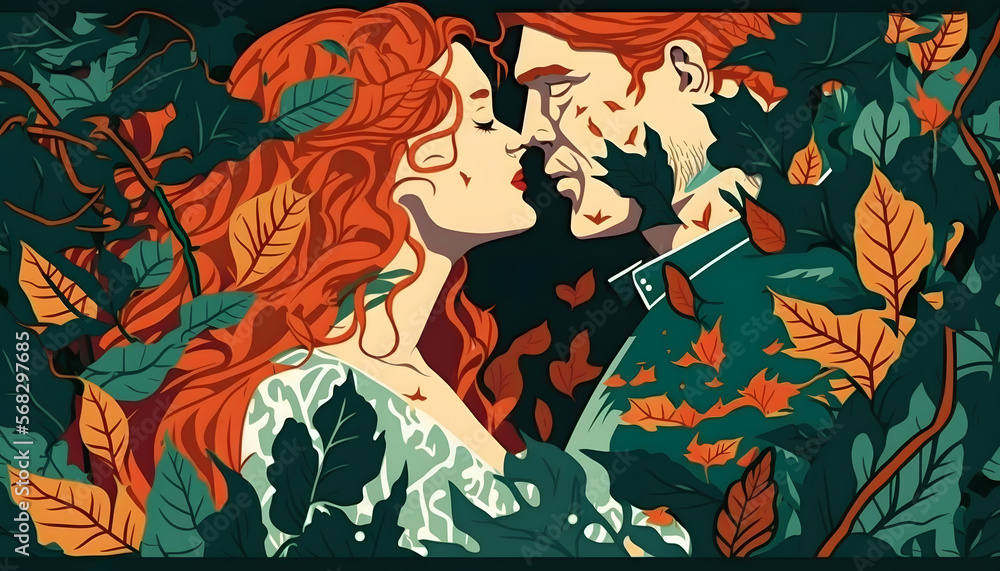 couple in love kissing in the middle of nature, romance, valentine's day, vector illustration