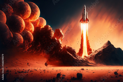In front of the red planet Mars, a new space shuttle rocket blasts into space to explore the universe. technology and the idea of visiting other worlds. spacecraft take off. Generative AI
