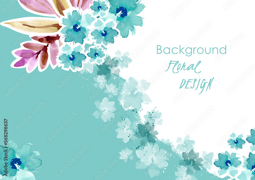 Watercolor flowers, background, texture. Turquoise botanical background with flowers, leaves for text. Floral abstract summer, spring background for wallpaper, design. Watercolor flowers, background, texture. Turquoise botanical background with flowers, leaves for text. Floral abstract summer, spring background for wallpaper, design.
