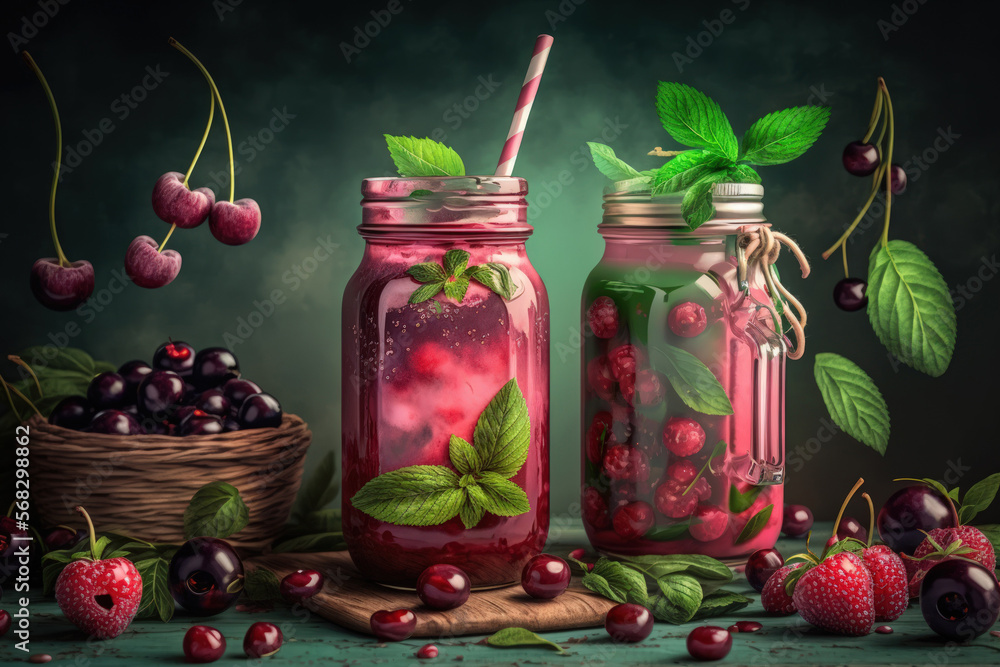 Glass jars with a sweet cherry smoothie drink with mint leaves and fresh berries. Generative AI Glass jars with a sweet cherry smoothie drink with mint leaves and fresh berries. Generative AI