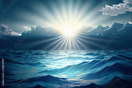 Abstract blue water backdrop with sunrays and ocean waves in the foreground. Generative AI