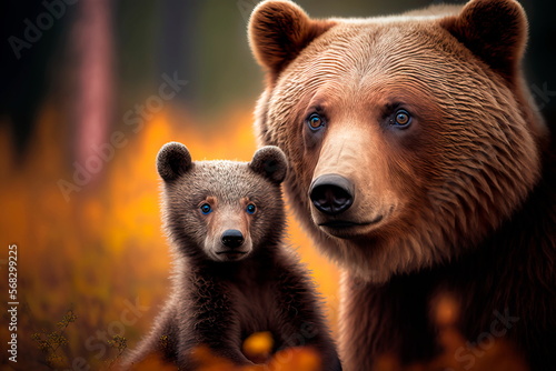 Beautiful female bear with a bear cub in the taiga Generative AI