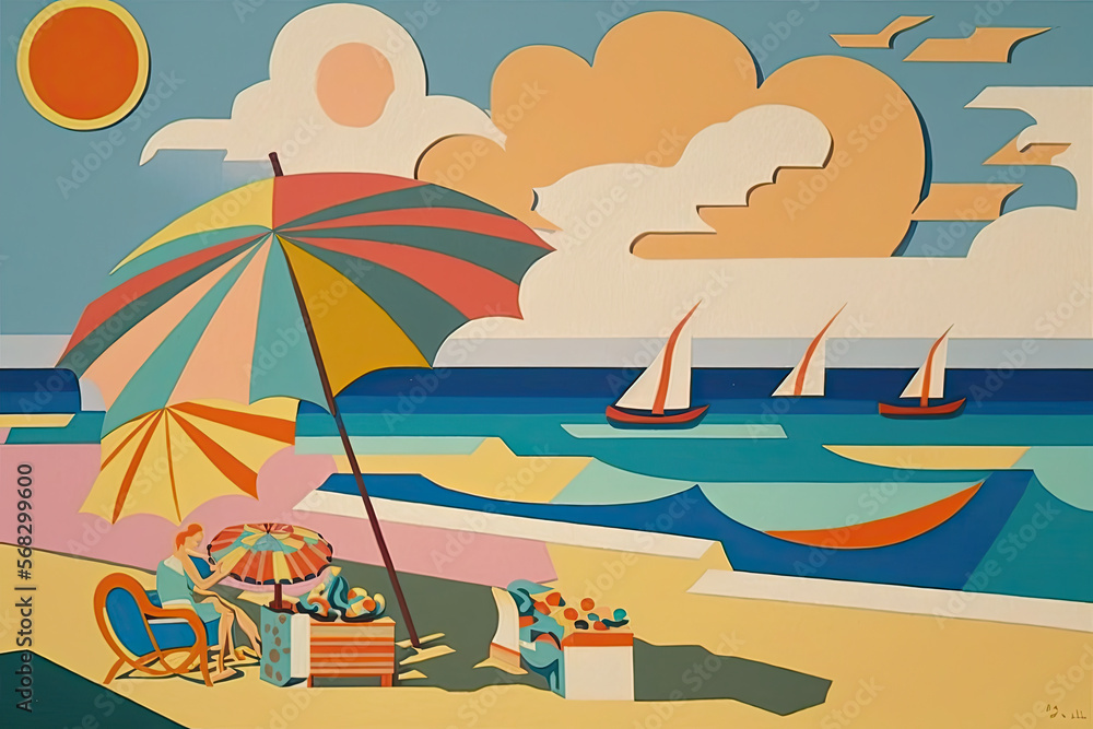 Beach scene with boats and umbrella, generative ai illustration