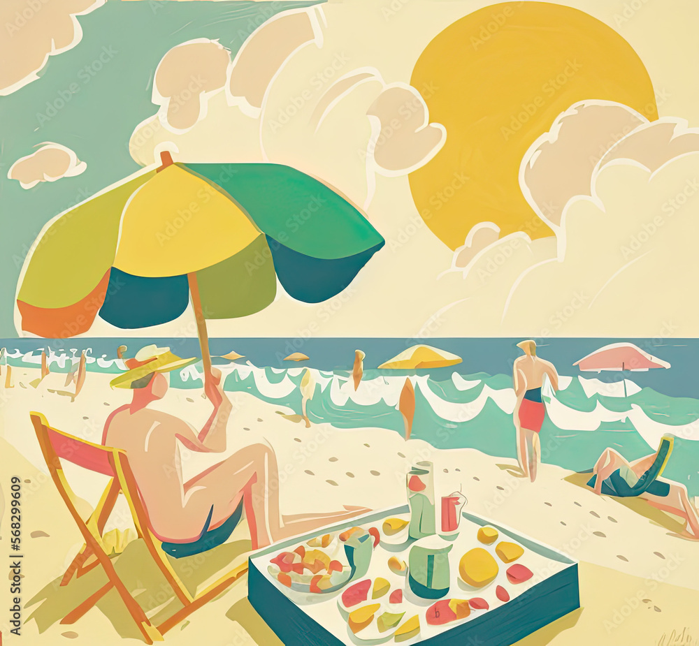 summer beach scene with umbrella and a man, generative ai illustration