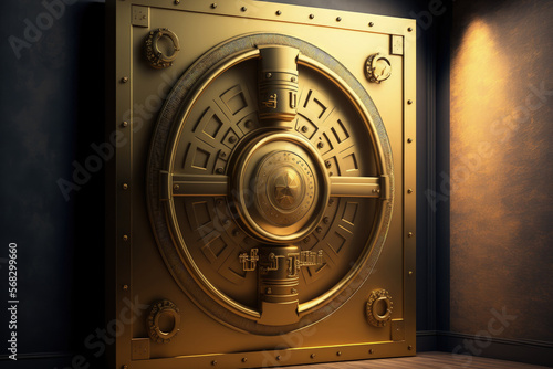 Golden vault door artwork with a safe symbol on a golden backdrop. Generative AI
