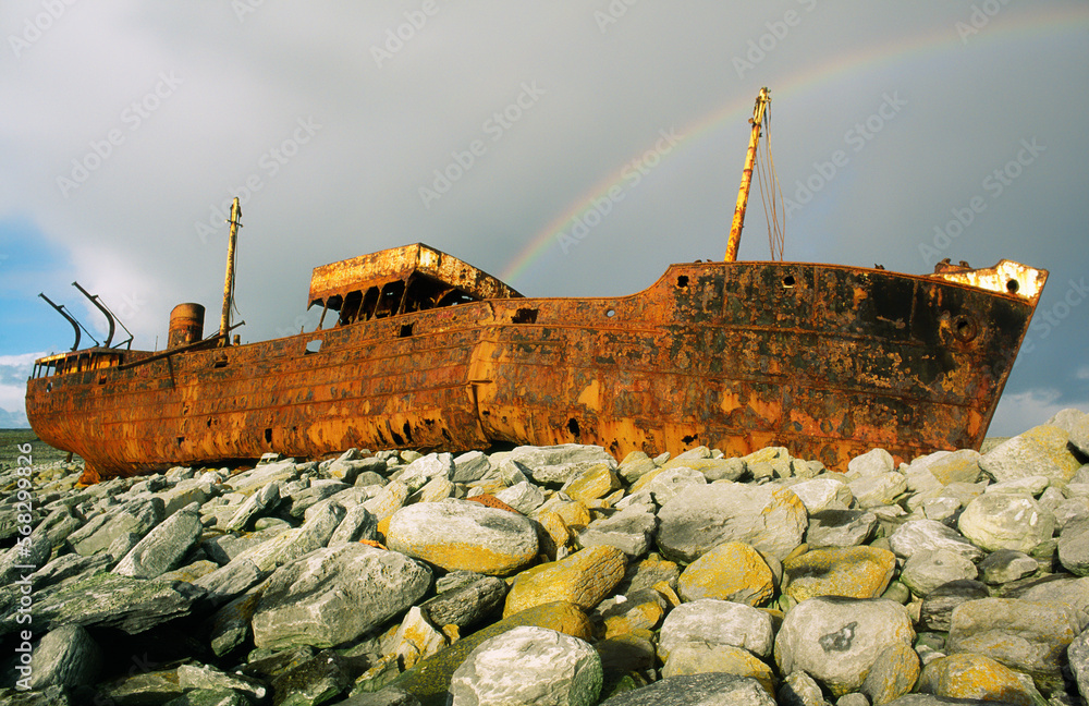The wreck of the freighter Plessey high on the rocky shore of Inisheer, smallest of the Aran Islands in County Galway, Ireland