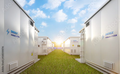 Obraz na plátně Energy storage systems or battery container units on field