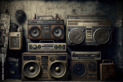 vintage radio boomboxes lining the wall from the 1980s. Generative AI