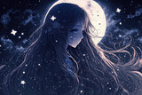 Long hair melts in an image of a lovely girl with the moon as her background in distant space. Generative AI