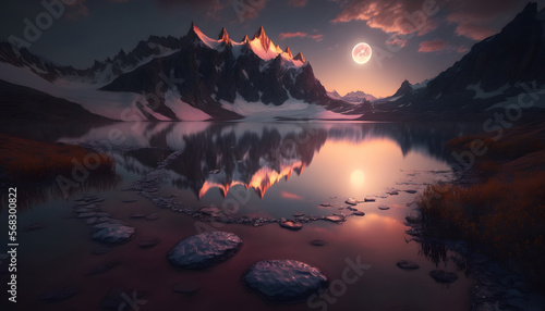 glacier mountain landscape with flowers and lake in beautiful sunset with full moon