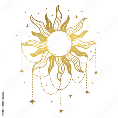Golden boho sun richly decorated with jewelry, heavenly magic symbol, mythology, mystical sticker, witch tattoo. Vector line illustration isolated on white.