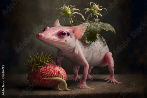 Strawberry Axolotl with strawberry plants mixed Generative Ai