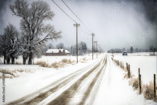 Snow covered road in winter, snowy countryside landscape. Generative AI