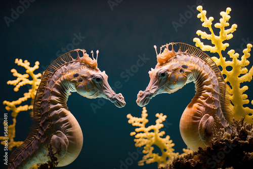 Hippocampus, a seahorse, in an aquarium. Generative AI