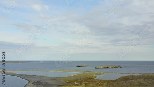 Landscape of coast on desert Novaya Zemlya aerial view and lonely abandoned world of wildlife and nature of quiet north in summer. photo