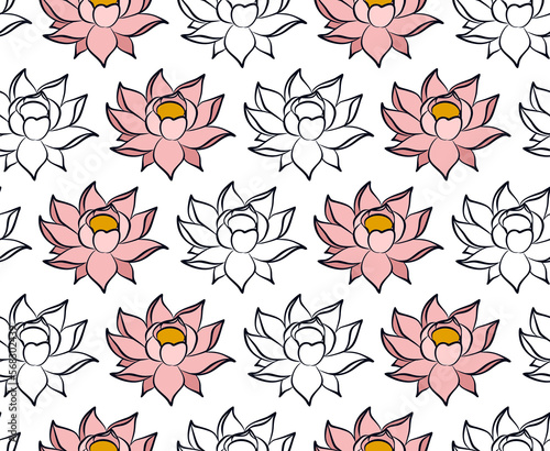 The seamless background with pink stylized lotus.
