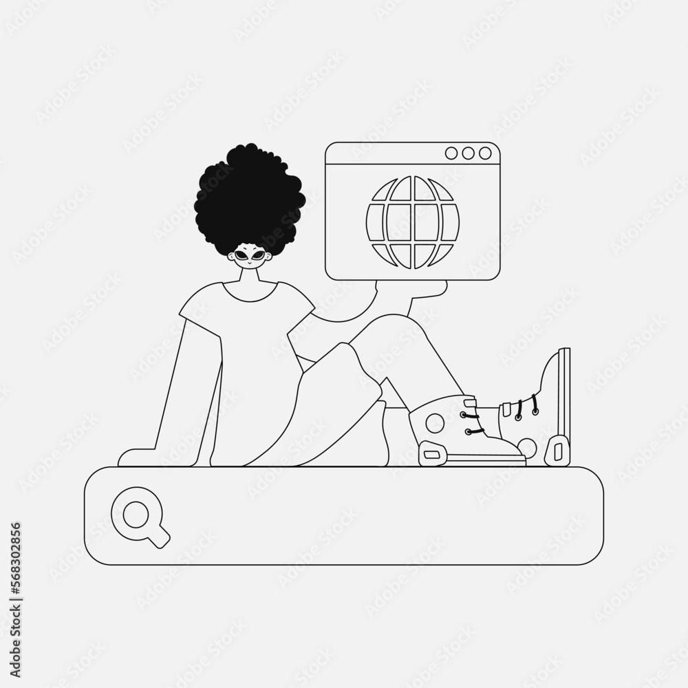 An attractive man holds a browser window in his hands. Black and white style. An attractive man holds a browser window in his hands. Black and white style.