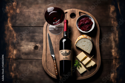Top view of a red wine bottle with a corkscrew, cheese, wineglass, bread, and a black wood background. Mock wine bottle. top down. Generative AI