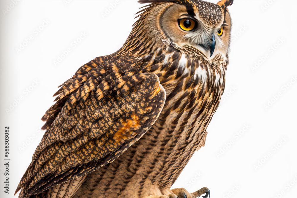 A picture of the eagle owl species known as the Eurasian Eagle Owl, Bubo bubo, is seen on a white backdrop. Generative AI A picture of the eagle owl species known as the Eurasian Eagle Owl, Bubo bubo, is seen on a white backdrop. Generative AI