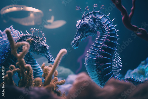 A macro shot of seahorses in an aquarium's water. Generative AI