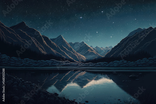 Starry sky above a lake in the mountains is stunning. Georgia, Svaneti, and Europe. Generative AI