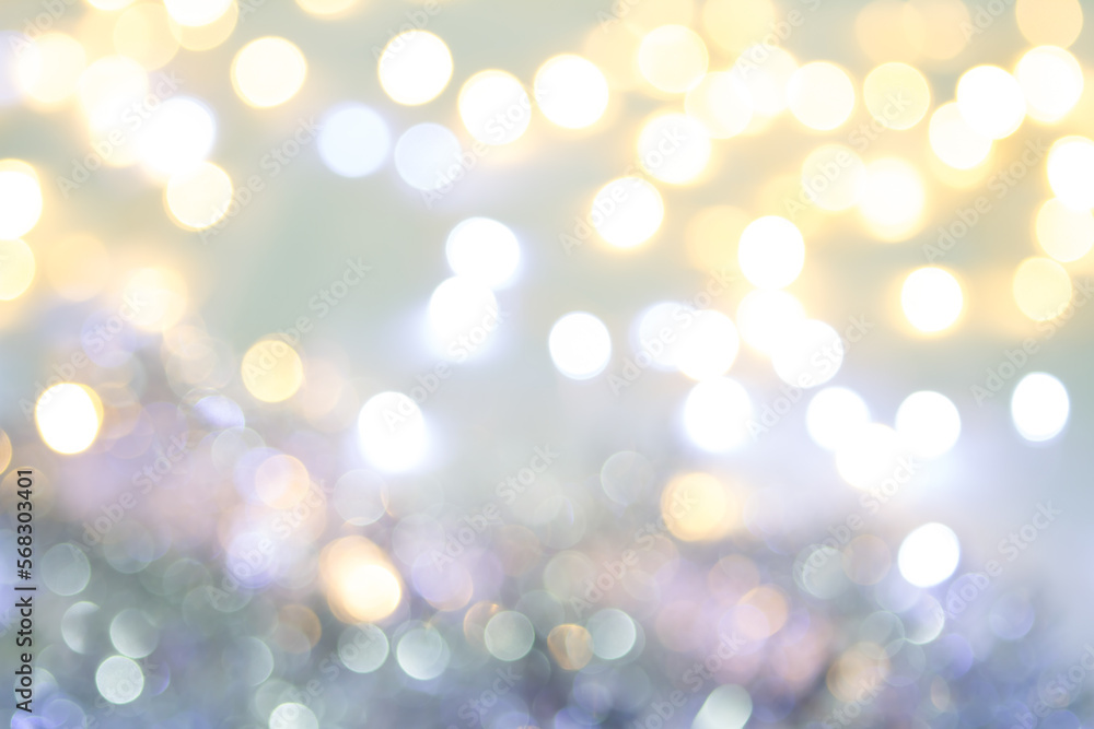 abstract white golden bokeh circles for Christmas background, glitter light Defocused and Blurred Bokeh
