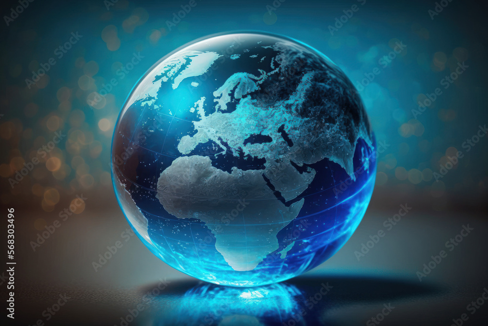 global idea. Blurred world map with a blue globe. Generative AI global idea. Blurred world map with a blue globe. Generative AI
