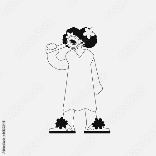 Inspirational woman holding a magnifying glass, loupe. Linear black and white style.