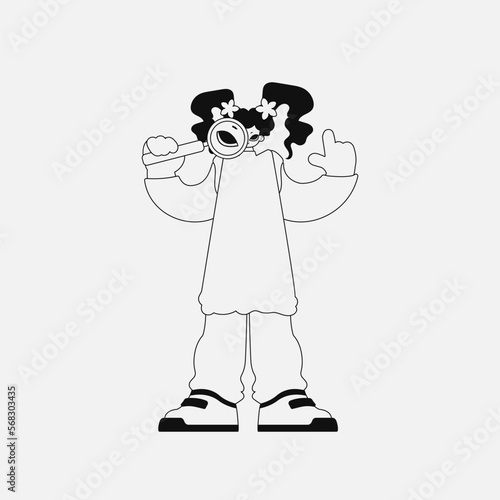 Inspirational woman holding a magnifying glass, magnifier in her hands. Linear black and white style.