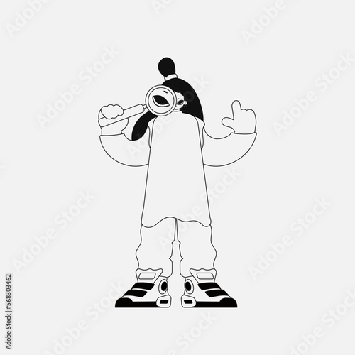 A stunning woman is holding a magnifying glass, a loupe. Linear black and white style.