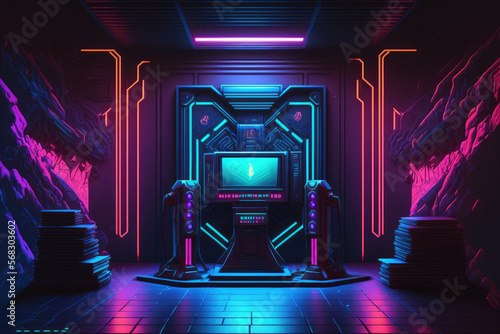 Illustration Neon stage scene pedestal room, gaming gamer background abstract wallpaper, cyberpunk style metaverse scifi game. Generative AI