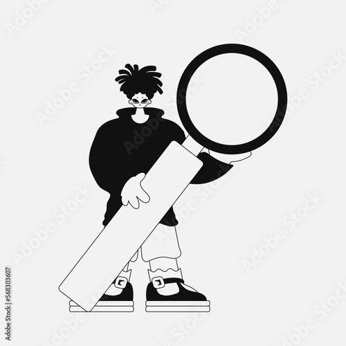 An attractive man is holding a magnifying glass, a loupe. Linear black and white style.