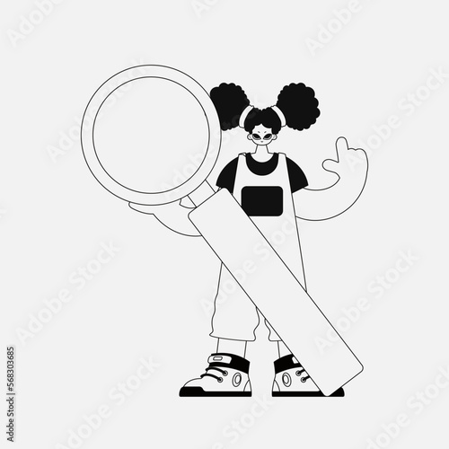 A unique woman holds in her hands a magnifying glass, a loupe. Linear black and white style.