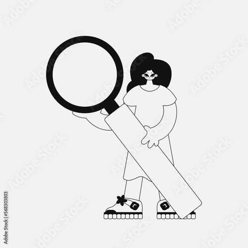 An attractive woman is holding a magnifying glass, a loupe. Linear black and white style.