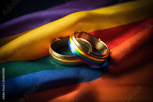 Two rings on rainbow background, Same sex marriage concept. LGBT marriage, Generative AI photo