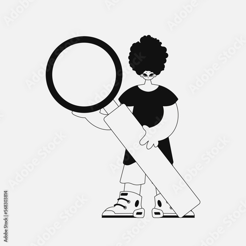 A stunning man is holding a magnifying glass, a loupe. Newspaper black and white style.