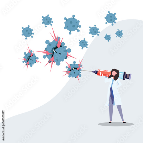 Nurse in a medical suit with a vaccine in her hands fights the virus. Vector illustration. Medical illustration on the fight against covid-19