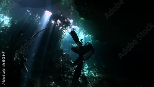 Wallpaper Mural Diver in rocks of underwater cave Yucatan Mexico cenotes. Diving in clean and clear underground water. Torontodigital.ca