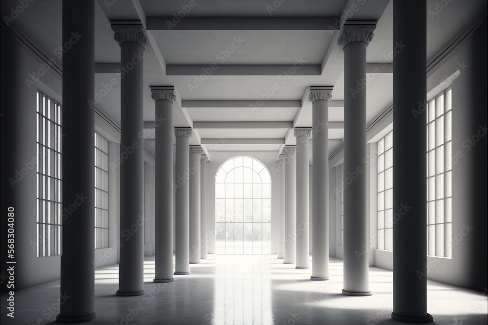Modern, huge, concrete material, empty hall with many columns and big white glowing windows, wallpaper, sterile, made with Generative AI