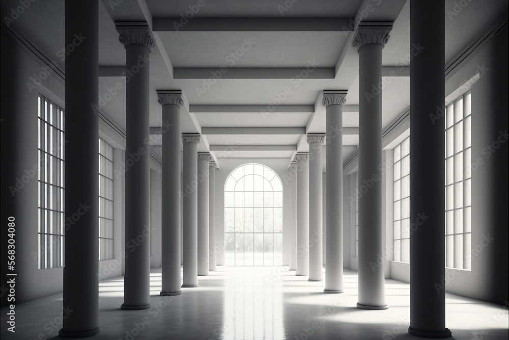 Modern, huge, concrete material, empty hall with many columns and big white glowing windows, wallpaper, sterile, made with Generative AI Modern, huge, concrete material, empty hall with many columns and big white glowing windows, wallpaper, sterile, made with Generative AI