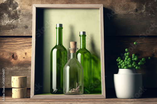 Interior background with home décor over the wooden plank wall and a blank mock up poster frame in an olive tone. wooden box containing glass bottles and vases. Generative AI © 2rogan