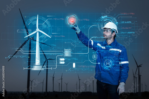 Double exposure architecture engineer  working with laptop on hand infographic show power technology alternative eco environment friendly sustainable renewable energy resource industry concept. photo