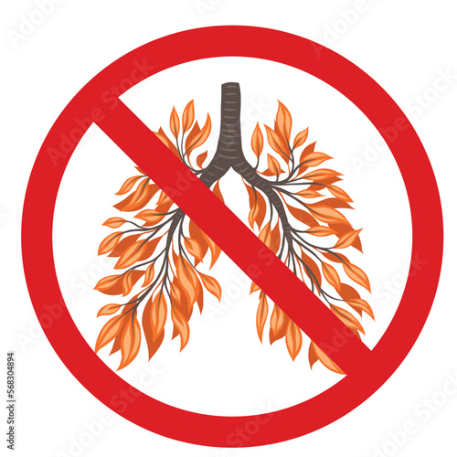 Vector forbidden sign with human sickness lungs from leaves and branches. Autumn wilting. Save the earth and the environment in ban.