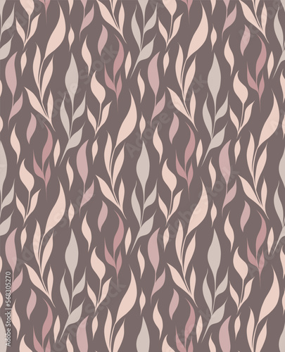 Seamless pattern with delicate branches and stems with foliage in pastel color on dark background. Vector flat gentle natural texture