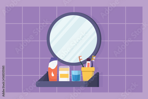 Graphic flat design drawing teeth and mouth cleaning supplies like toothbrush, toothpaste and mouthwash in bathroom sink with round mirror. Dental healthcare concept. Cartoon style vector illustration