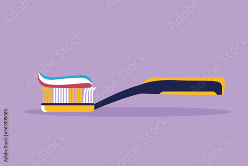 Cartoon flat style drawing toothbrush with toothpaste. Dental care equipment at home. Brushing teeth tools. Teeth health care or medical concept. Oral care center. Graphic design vector illustration