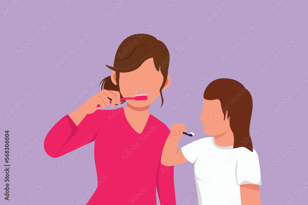 Graphic flat design drawing happy mother teaching her daughter brushing teeth in bathroom. Routine habits for cleanliness. Healthy mouth teeth campaign for children. Cartoon style vector illustration Graphic flat design drawing happy mother teaching her daughter brushing teeth in bathroom. Routine habits for cleanliness. Healthy mouth teeth campaign for children. Cartoon style vector illustration