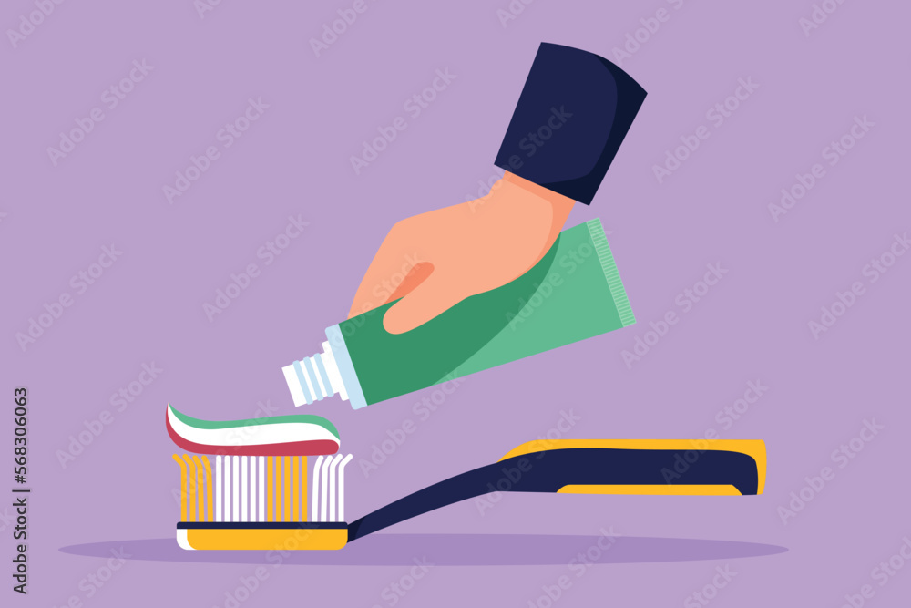 Character flat drawing brushing teeth symbol. Toothbrush and toothpaste close up. Hand extrude toothpaste from tube on toothbrush. Dental healthcare or medical icon. Cartoon design vector illustration Character flat drawing brushing teeth symbol. Toothbrush and toothpaste close up. Hand extrude toothpaste from tube on toothbrush. Dental healthcare or medical icon. Cartoon design vector illustration