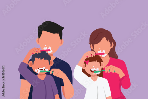 Character flat drawing of happy kids and parents brushing their teeth each other in the bathroom. Routine habits for oral and dental hygiene. Healthy teeth campaign. Cartoon design vector illustration