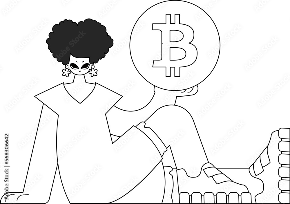 Charming woman holds a bitcoin coin in her hands. Linear newspaper black and white style.